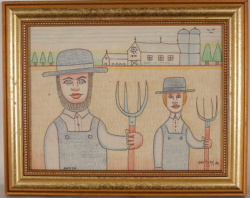 Jack Savitsky. Amish.: Jack Savitsky. Amish. 1986. Crayon and ink on paper. Signed, titled and dated. 14” w x 11”h including frame. Est. $200-400. Ship: $35