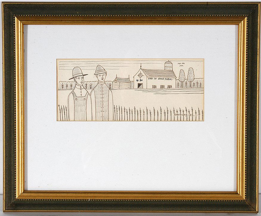 Jack Savitsky. Bird In Hand Farm.: Jack Savitsky. Bird In Hand Farm. 1982. Signed, dated and titled. Graphite on paper. Excellent condition. Size with frame is 17” w x 14”h. Est. $100-200. Ship: $35