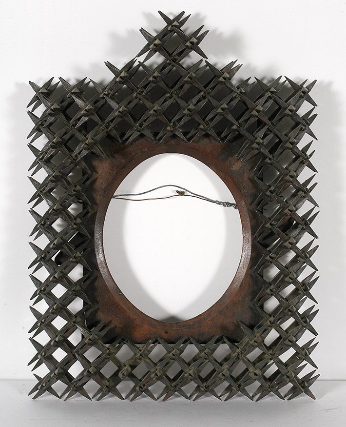 Tramp Art Thornes w Beveled Wood Frame: Tramp Art Medium-Sized Thornes With Beveled Wood Frame Inside. Carved and stained wood. Minor missing pieces, otherwise great condition. 23” x 17” x 4”. Est. $800-1,200. Buyer is responsible for