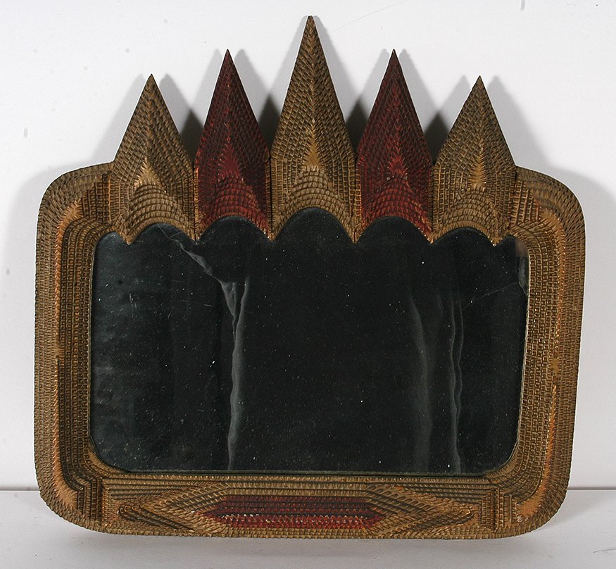 Tramp Art Steeple w Mirror.: Tramp Art Steeple With Mirror. Chip-carved wood with varnish. Minor chip, otherwise excellent condition. 20” x 23x 3”. Est. $300-500. Ship: $65
