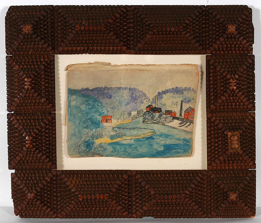 Justin McCarthy Painting in Tramp Frame.: Justin McCarthy & Tramp Factory Scene in Tramp Frame. Signed. Image is 11” x 7.5”. Frame is 20” x 17.5”h. Good condition. Est. $300-500. Ship: $65