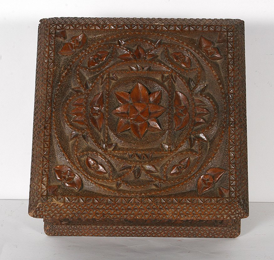 Decorated Tramp Keepsake Box.: Tramp Art Highly Carved And Decorated Keepsake Box. Not signed or dated. Carved top, side and inside. Good condition. 7” x 14”x 14”. Est. $100-300. Ship: $45