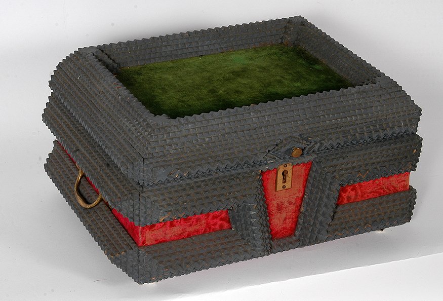 Tramp Art Lock Box.: Tramp Art Tramp Art Lock Box. Chip-carved wood with felt. Includes key. Great condition. 18” x 14”x 9”. Est. $200-300. Ship: $55