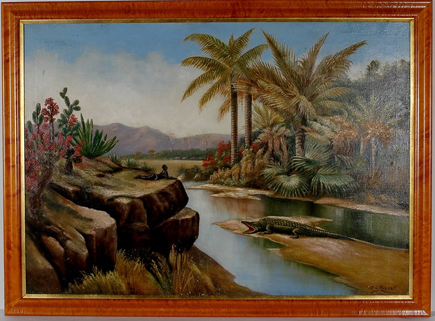 D.L. Russell. Fantasy Swampscape.: D.L. Russell. Fantasy Swampscape With Gator and Young Boy. Signed. Not dated, c. 1900. Paint on relined canvas. Great condition. Size with frame is 48” w x 36”h. Est. $1,000-1,500. Ship: $200