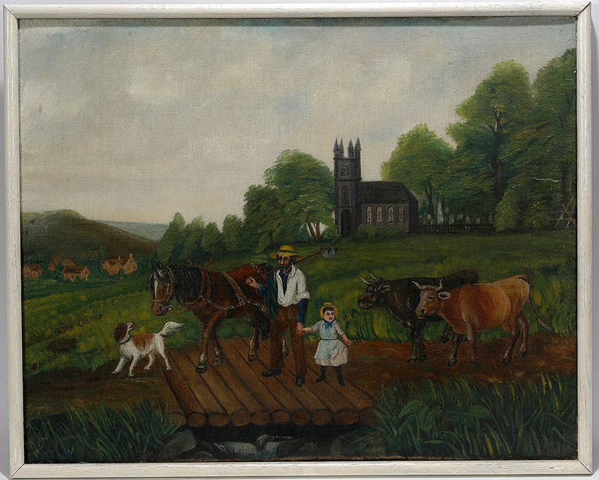Charming European Farm Scene.: Anonymous Charming European Farm Scene. c. early 1900’s. Oil on canvas. Excellent condition. 31” w x 25”h. Est. $300-500. Ship: $65
