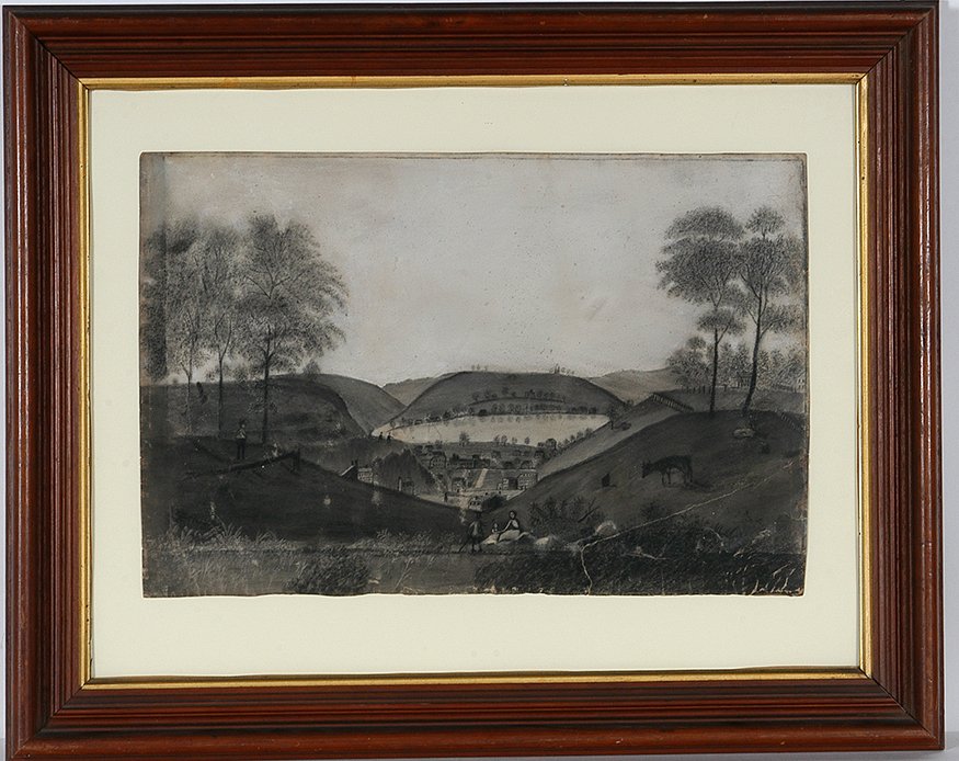 Summer Scen With Birds Eye View of Valley.: Anonymous Summer Scen With Birds Eye View of Valley. Charcoal on sandpaper. Crease in lower right, otherwise great condition. Size with frame is 25” w x 20” h. Provenance: Fenimore Art Museum, Coo