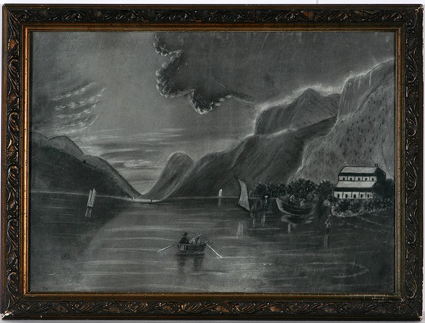 Lake Scene With Storm Clouds.: Anonymous Lake Scene With Storm Clouds. Marble dust on paper. Size with frame is 23” w x 18” h. Provenance: Fenimore Art Museum, Cooperstown, NY. Est. $400-600. Ship: $55