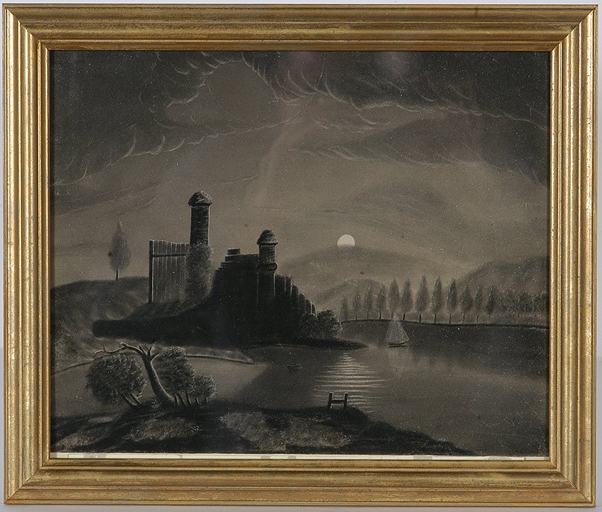 Castle In The Moonlight.: Anonymous Castle In The Moonlight. Charcoal and chalk on prepared bristol board. Excellent condition. Size with frame is 13” x 11”. Provenance: Fenimore Art Museum, Cooperstown, NY. Est. $300-500.