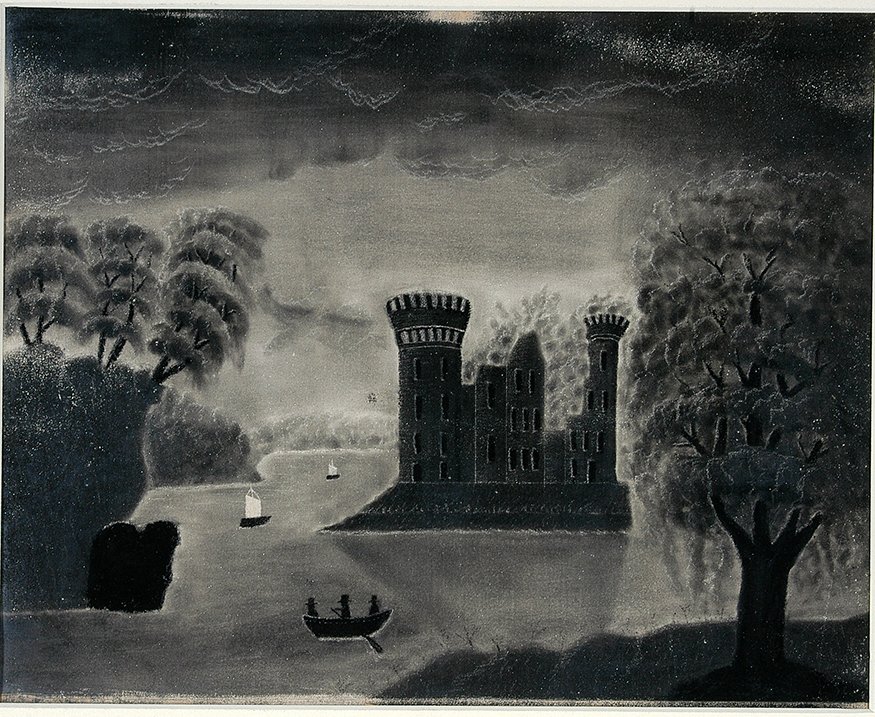 Gothic Ruins.: Anonymous Gothic Ruins. c. 1850. Not signed. Charcoal on sandpaper. 11.5” w x 9.5”h. Great condition. Provenance: Fenimore Art Museum, Cooperstown, NY. Est. $300-500. Ship: $45