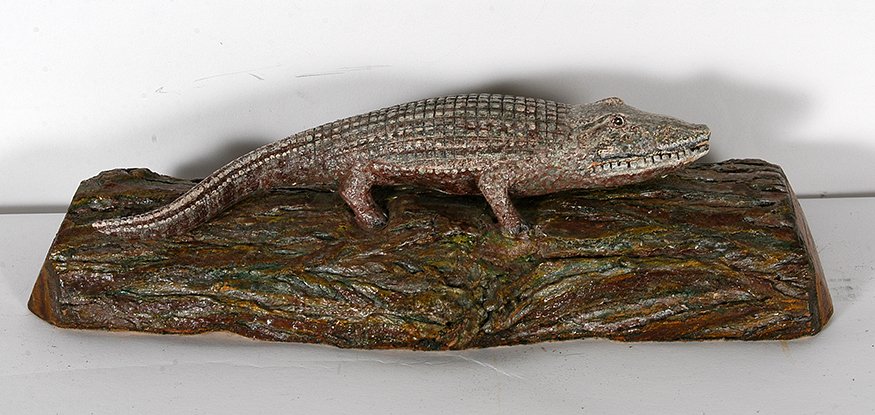 Carl Christiansen. Alligator On Log.: Carl Christiansen. Alligator On A Log. c. 1940-50’s. Not signed or dated. Carved and painted wood. Carved and painted wood. Excellent condition. 11” x 3.5” x 3”. Est. $200-300. Ship: $35