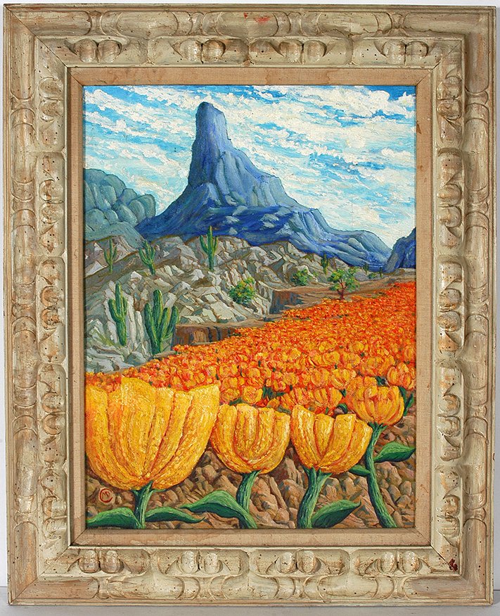 Martin Dean Coppinger. Picacho Peak.: Martin Dean Coppinger. Picacho Peak. 1993. Signed, dated and titled. Oil on canvas panel. Warping of panel, otherwise great condition. Size with frame is 36”w x 25”h. Est. $800-1,200. Ship: $65. M