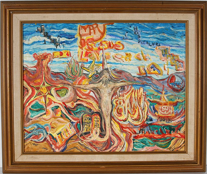Martin Dean Coppinger. Theology Which God: Martin Dean Coppinger. Theology Which God 1991. Signed, dated and titled. Oil on masonite. Excellent condition. Size with frame is 25”w x 21”h. Est. $800-1,200. Ship: $45