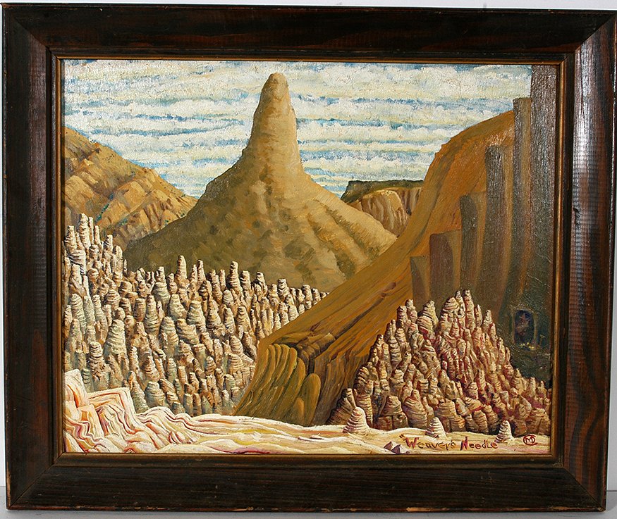 Martin Dean Coppinger. Weaver’s Needle.: Martin Dean Coppinger. Weaver’s Needle. Signed and titled. Not dated. Oil on masonite. Excellent condition. Size with frame is 24” w x 20”h. Est. $800-1,200. Ship: $45