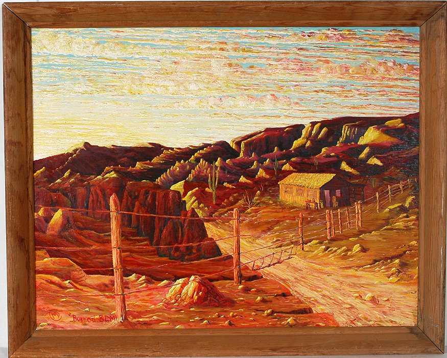 Martin Dean Coppinger. Burned B.L.M.: Martin Dean Coppinger. Burned B.L.M. Signed and titled. Oil on wood. Excellent condition. Size with frame is 31” w x 25” h. Est. $800-1,200. Ship: $65
