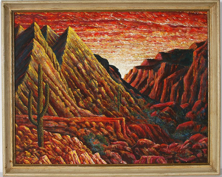 Martin Dean Coppinger. Sunset On The Desert.: Martin Dean Coppinger. Multi-Colored Sunset On The High Desert. Signed. Not dated. Oil on masonite. Great condition. Size with frame is 31” w x 25”h. Est. $800-1,200. Ship: $65