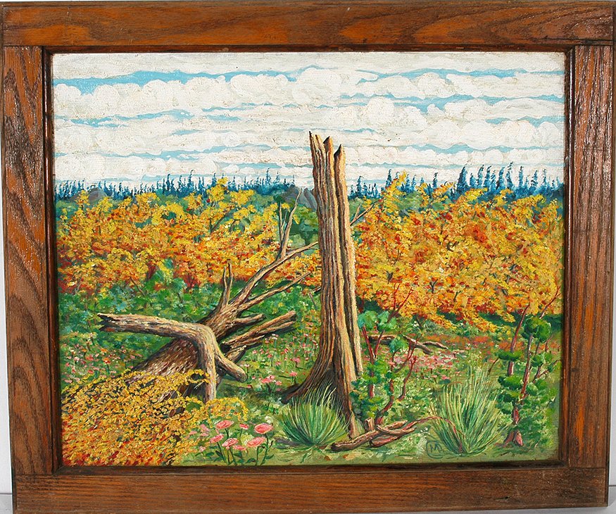 Martin Dean Coppinger. Spring New Growth.: Martin Dean Coppinger. Spring New Growth. Initialed. Not dated. Paint and oil on wood. Original frame. Excellent condition. 22” w x 19”h. Est. $300-500. Ship: $45