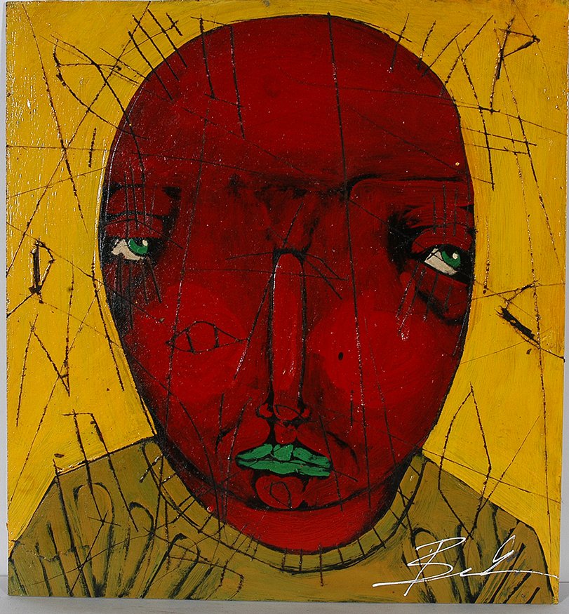 Michael Banks. Red Head.: Michael Banks. Red Head. Signed. Not dated. Tar and paint on board. Damaged corner, otherwise good condition. 16” w x 18”h. Ets. $100-200. Ship: $45