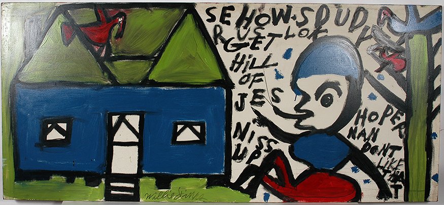 Willie Jinks. House With Red Bird.: Willie Jinks. House With Red Bird On Top. Signed. Not dated. Paint on door. Great condition. 79”w x 36”h. Est. $400-600. Buyer is responsible for shipping.