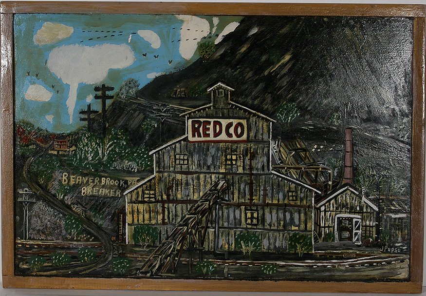 James Popso. Redco Breaker.: James Popso, b. 1922-1998, PA miner. Redco Breaker. 1991. Signed and titled. Paint on plywood. Excellent condition. 25”w x 17”h . Est. $200-400. Ship: $45. Popso miniature replica’s depict the l