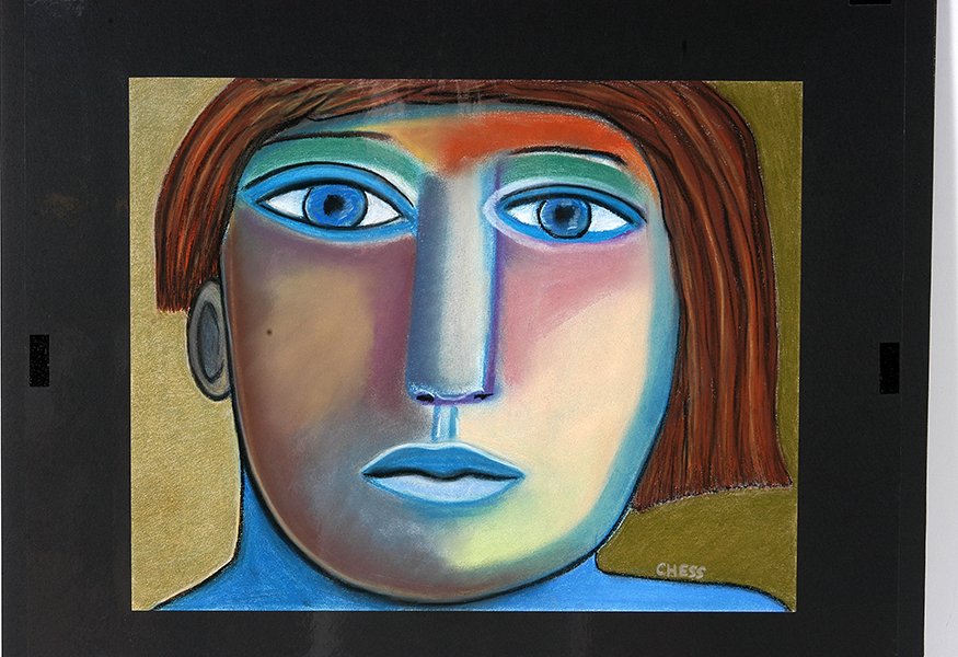 Tim Chess. Portrait In Blue.: Tim Chess. Portrait In Blue. Signed. Not dated. Pastel on paper. Excellent condition. Image is 13” w x 17”h. Est. $200-400. Ship: $55