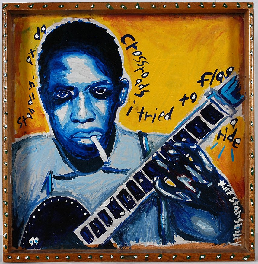 Kirk Stansburg. Robert Johnson.: Kirk Stansburg. Robert Johnson. 1999. Signed, dated, titled. Paint on found wooden drawer. Excellent condition. 22”x 22”x 4”. Est. $200-300. Ship: $55