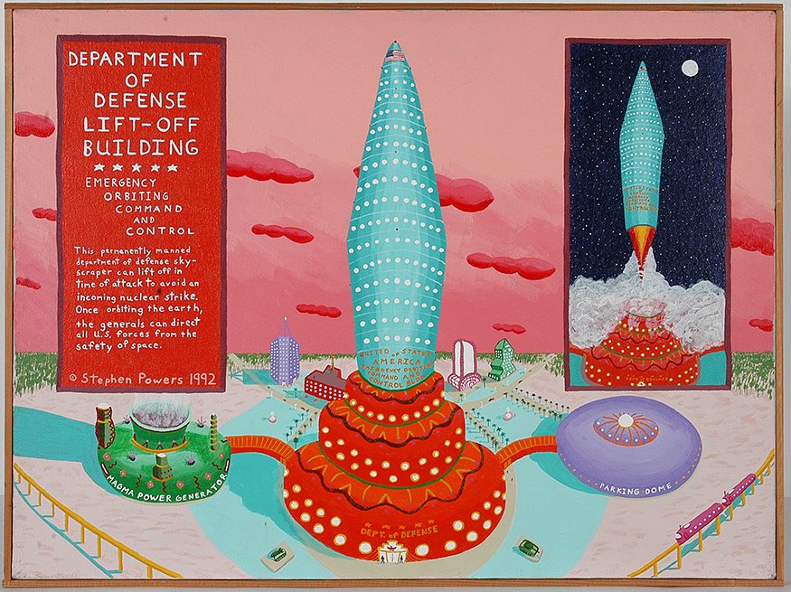 Stephen Powers. Lift Off Building.: Stephen Powers. Department Of Defense Lift Off Building. 1992. Signed, dated and titled. Oil on canvas. Excellent condition. 24” w x 18” h. Illustrated in The Rosenak’s Collector’s Guide, pg. 