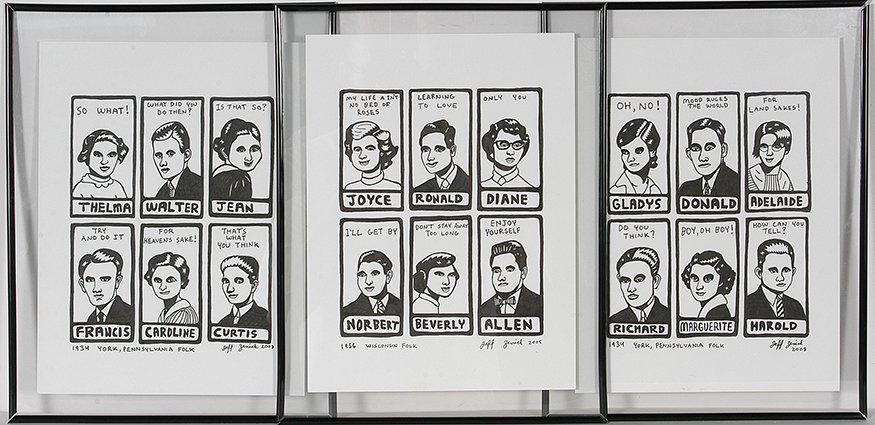 Jeff Zenick. 1934 York PA Folks.: Jeff Zenick. 1934 York PA Folks. 2008. Signed and dated. Pena and ink on paper. Each of 3 works is 9” w x 12”h. Est. $300-500. Ship: $45