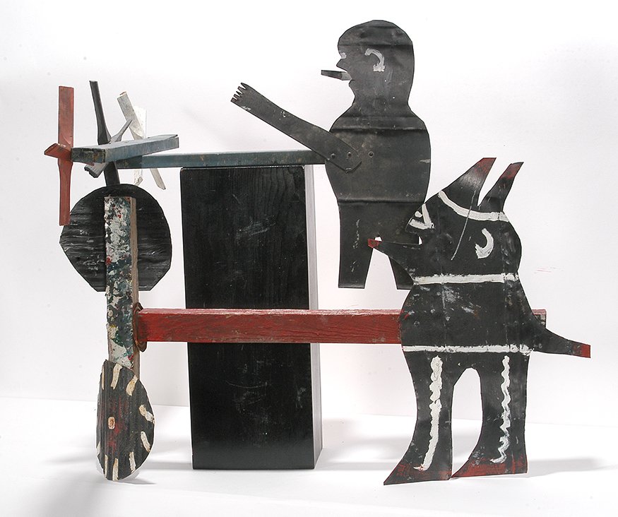 R.A. Miller. Cigarman & Devil Whirligigs.: R.A. Miller. Cigarman and Devil Whirligigs. Early pieces. Cut and painted tin. Great condition. Largest is 17” x 29”x 4”. Est. $200-300. Ship: $100
