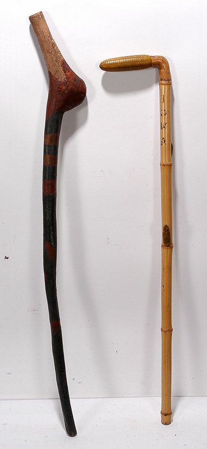 Iowa Corn Cob Cane & Duck Head Cane.: Anonymous Iowa Corn Cob Cane and Duck Head Cane. Carved bamboo and wood with some paint. Great condition. Tallest is 39”h. Est. $200-300. Ship: $65