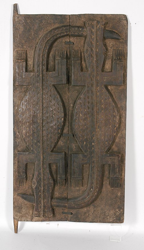 African - Baule Tribe Grain Door.: African - Baule Tribe Grain Door. Carved wood with alligator decorations. Excellent condition. 24” w x 48”h. Est. $200-400. Ship: $125