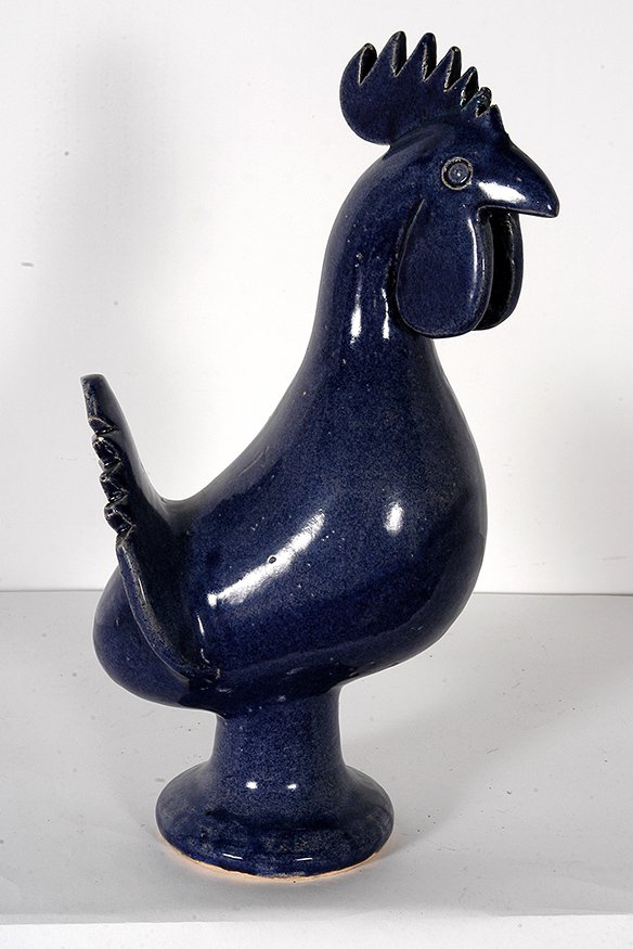 Edwin Meaders. Blue Rooster.: Edwin Meaders. Blue Rooster. 1988. Signed and dated on base. Blue cobalt glaze. Repair to cone. 16”h. Est. $500-800. Ship: $75