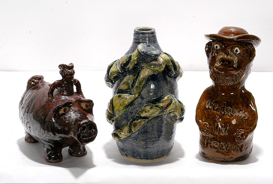 Marie Rogers. Snake Jug, Piggy Bank, & No Tears Man.: Marie Rogers. Snake Jug, Piggy Bank, and No Tears Man. All stamped and signed in script. Mint condition. Tallest is 8” h. Est. $500-800. Ship: $65