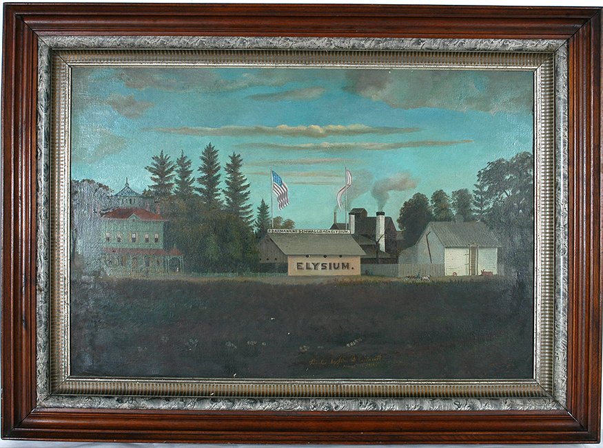 John B. Weiganett. Elysium Brewery In Kingston, NY.: John B. Weiganett. Elysium Brewery In Kingston, NY. 1884. Signed and dated. Oil on canvas depicting The P. Barmann, NE. Schwallback "Elysium" Brewery, Kingston NY. Signed "Painted by John B. Weiganett