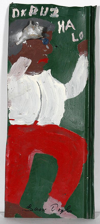 Sam Doyle. Dr. Buz Ha Lo (sic.): Sam Doyle. Dr. Buz Ha Lo (sic.). Pre-1985. Signed on front in marker. Title. Paint on roofing tin with applied conch shell. Excellent condition. 12” w x 29”h. Provenance: Anton Haardt Gallery. Est