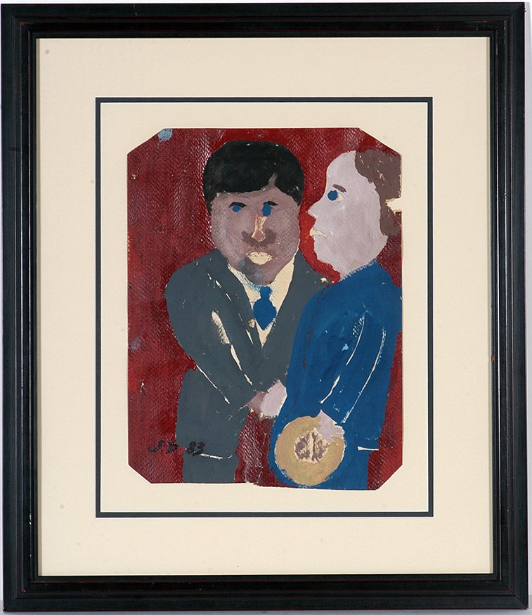 Sam Doyle. Martin Luther King With John F. Kennedy.: Sam Doyle. Martin Luther King With John F. Kennedy. 1983. Initialed and dated. Paint on found paper. Some loss to paper, otherwise great condition. Image is 11” x 14”. Frame is 21” x 24”. Est.