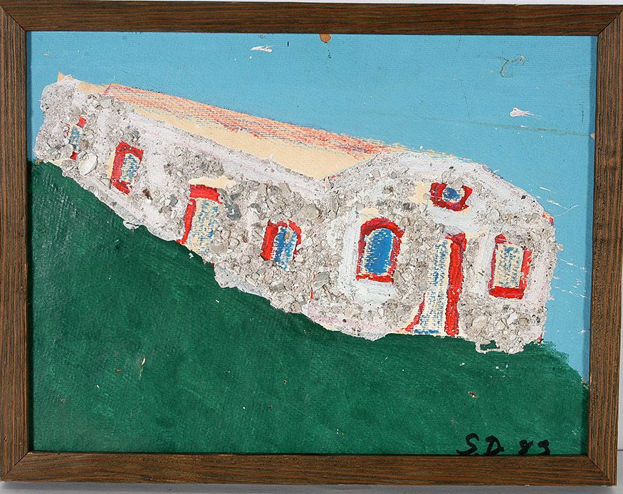 Sam Doyle. Chapel Of Ease.: Sam Doyle. Chapel Of Ease. 1983. Initialed. Paint and crushed shell on paper. Some tears in paper, otherwise fair condition. Size with frame is 15.5” w x 12”h. Est. $200-400. Ship: $35