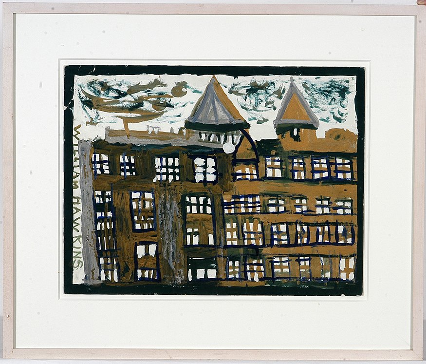 William Hawkins. Columbus Ohio Building.: William Hawkins. Columbus Ohio Building. 1981. This is possibly the Great Southern Hotel or the Ohio Judicial Center. Signed. Enamel on found canvas board. Dog-earred upper left corner, otherwise exce