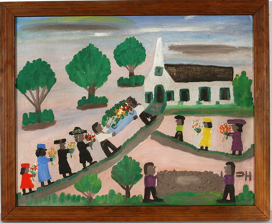 Clementine Hunter. Funeral Scene.: Clementine Hunter. Funeral Scene. c. 1950’s. Initialed. Heavy oil on canvas panel. Some thinning of paint on church roof and yellow dress, otherwise great condition. Image is 19” x 15”. Frame is