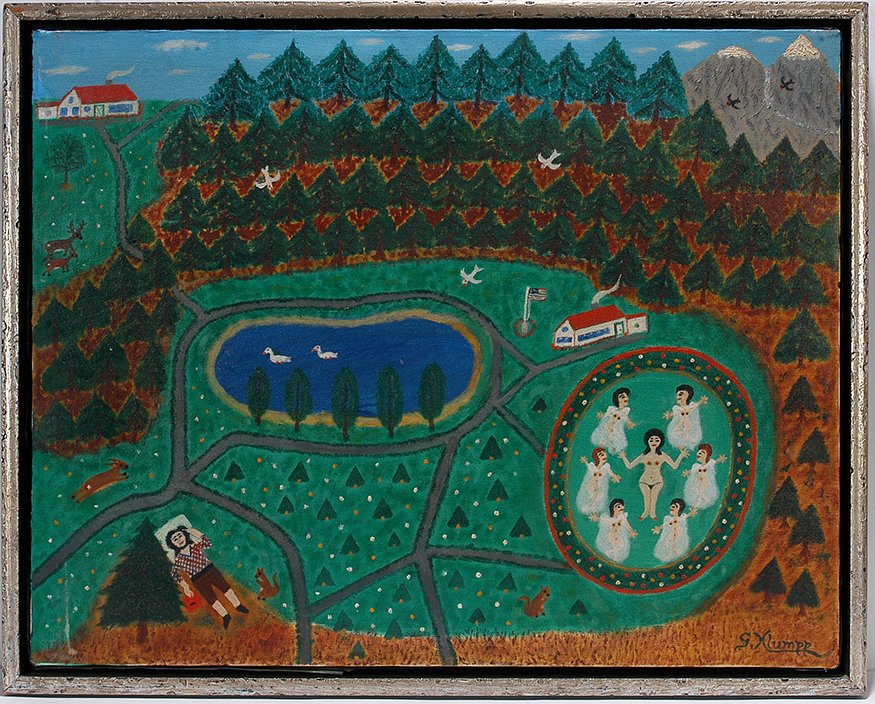 Gustav Klumpp. Dream Of Naked Women.: Gustav Klumpp. Dream Of Naked Women. Signed. Not dated. Oil on canvas. Excellent condition. Size with frame is 30” w x 24”h. A Slotin Folk Art Masterpiece Favorite! Provenance: ex. Bishop / Johnso