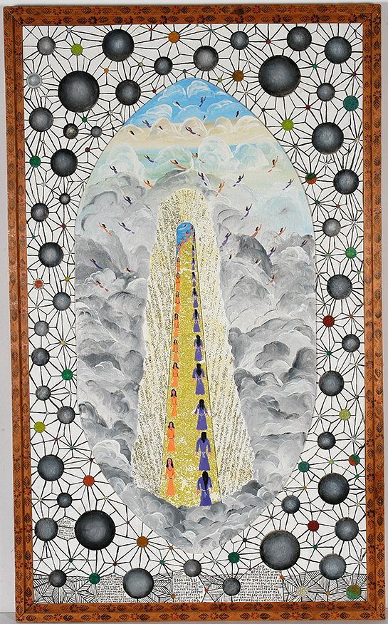 Howard Finster. Jacob’s Ladder, #2,281.: Howard Finster. Jacob’s Ladder, #2,281. 1982. Signed, dated, numbered and titled. Enamel and glitter on board with oval decorated plywood attachment, giving this piece a 3D appearance. Excellent con