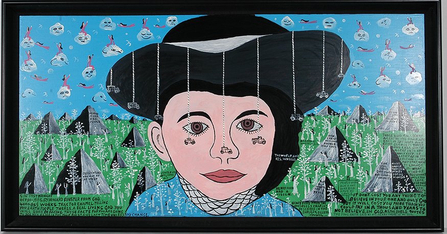 Howard Finster. Henry Ford Had A Vision, #4,865.: Howard Finster. Henry Ford Had A Vision, #4,865. 1985. Signed, titled, numbered and dated. Tractor enamel on board. Excellent condition. Size with frame is 50”w x 27”h. Very large. Provenance: Imp