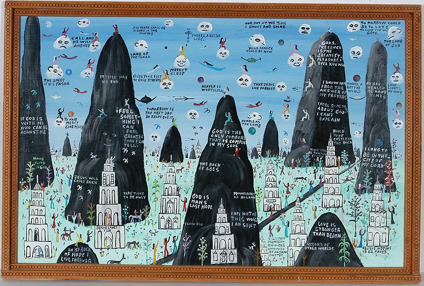 Howard Finster. Mountains Of Holana, #4,430: Howard Finster. Mountains Of Holana, #4,430. 1985. Signed, dated and titled. Enamel on wooden panel with artist made frame. Excellent condition. 36”w x 24”h. Est. $3,000-6,000. Ship: $85