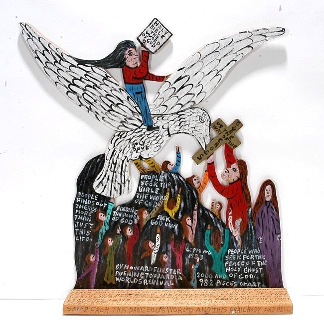 Howard Finster. World Revival, #2,982.: Howard Finster. Pushing Toward A World Revival, #2,982. 1983. Signed, dated, titled and numbered. Paint on cut out board with base. 17.5” x 3.5”x 19.5”. Est. $2,000-3,000. Ship: $65
