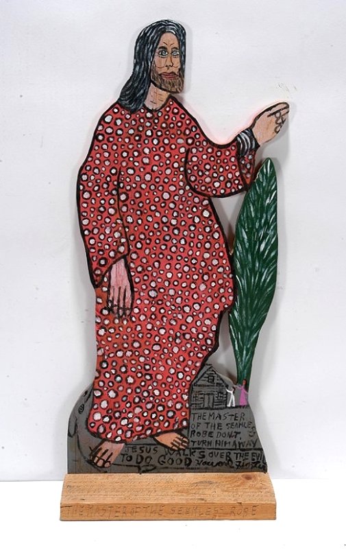 Howard Finster. Master Of Seemless Robe, #3,266.: Howard Finster. The Master Of The Seemless Robe, #3,266. 1984. Signed, dated, titled and numbered. Paint on thick cut out board on base with writing. Excellent condition. 9” x 14” x 19.5” h. Est