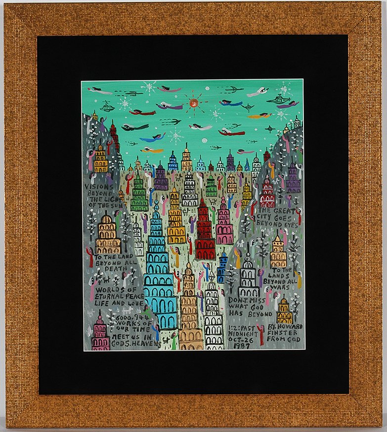 Howard Finster. World Of Eternal Peace, #6,944.: Howard Finster. World Of Eternal Peace, #6,944. 1987. Signed, dated, titled and numbered. Paint on board. Excellent condition. Image is 14”w x 17”h. Frame is 23”w x 26”h. Est. $1,000-2,000. Sh