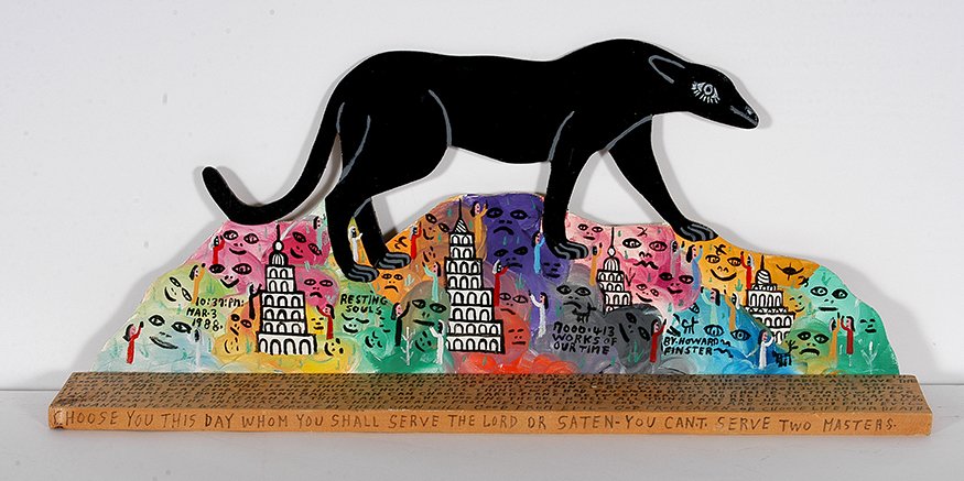 Howard Finster. Black Cheeta, #7,413.: Howard Finster. Black Cheeta, #7,413. 1988. Signed, dated and numbered. Paint on cut out panel attached to board base with writing. Excellent condition. 27” x 11”x 4”. Provenance: A prominent So