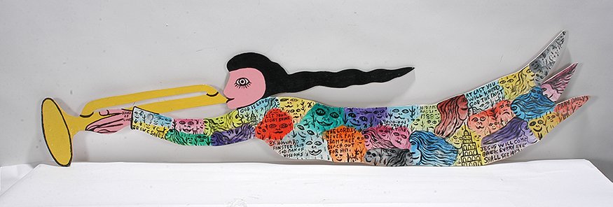 Howard Finster. Trumpeting Angel, #9,001.: Howard Finster. Trumpeting Angel, #9,001. 1988. Signed, dated and numbered. Paint on cut out wood. Excellent condition. 50” w x 10.5”h. Est. $800-1,200. Ship: $75