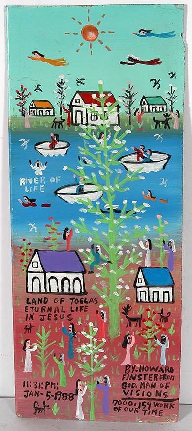 Howard Finster. Land Of Toelas, #7,159.: Howard Finster. Land Of Toelas, #7,159. 1988. Signed, titled, dated and numbered. Paint on masonite. Excellent condition. 7” w x 15”h. Est. $300-500. Ship: $35
