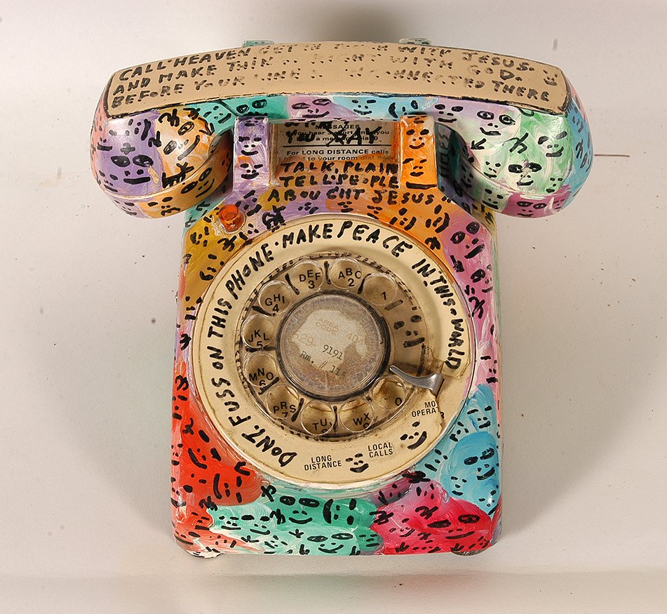 Howard Finster. Don’t Fuss On This Phone.: Howard Finster. Don’t Fuss On This Phone, #14,286. 1990. Paint and marker on rotary phone. Some wear on handle, otherwise great condition. 9” x 9” x 5”. Est. $600-900. Ship: $35