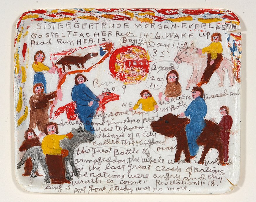 Sister Gertrude Morgan. Everlasting Gospel Teacher.: Sister Gertrude Morgan. Everlasting Gospel Teacher. Signed. Acrylic, tempera and ink on found styrofoam tray. Excellent condition. Image is 10.25” w x 8.25”h. Frame is 17”w x 15”h. Provenance: